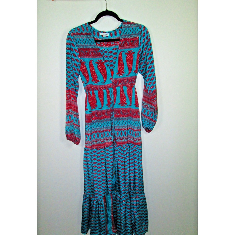 Karma Highway Dress Size OS Turquoise Red Paisley Boho Maxi Tiered